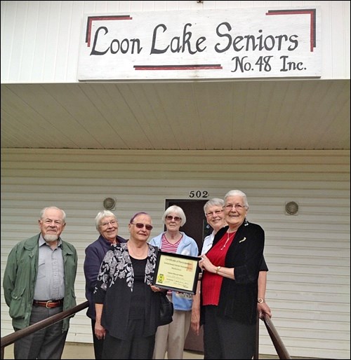 George Rothenburger, Edith Fran, Beth Dales, Florence Arlitt, Olga Janzen and Linda Ard at the Loon Lake Seniors’ Centre. The Loon Lake club earned a certificate of participation for recording the highest number of miles in the annual SSAI walkathon. Photo submitted by Lorna Pearson