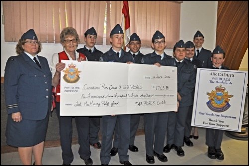 Aid to Fort McMurray — Royal Canadian Air Cadet Squadron No. 43 of the Battlefords chose to donate some of the funds they raised during fundraising activities to the Canadian Red Cross to aid those impacted by the Fort McMurray fire. The cadets presented the cheque to Rose Benson, a member of the local Red Cross.