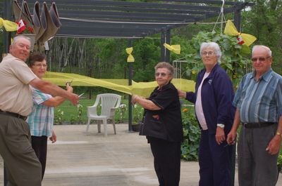 A ribbon-cutting ceremony was held to unveil a  large gazebo for residents of the long term care in Preeceville. From left, were: Gerald Ignatiuk, Joanne Petrowski, Mary Petrowski, Hope Luciw and Kenny Petrowski.