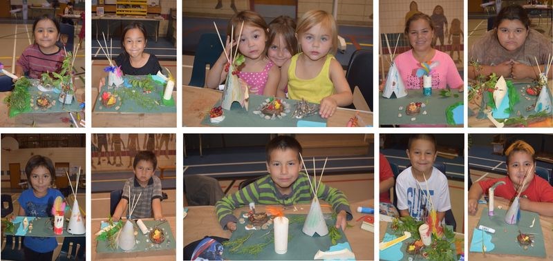 Involved in creating their own 3D teepee scenes during a literacy project at the Cote school last week, from left, were: (top row) Treaune Severight; Sarah Badger; Malena, Isabella and Salena Kulak; Taliyah Cote, and Talon Severight, and (bottom) Cassius Cadotte, Daniel Cote, Isaac Crowe, Bryden Cochrane and Marcus Badger.