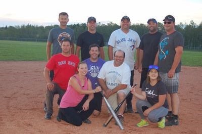 Scared Hitless was declared the winner of the B-side of the Preeceville Co-ed Slo-pitch League competition on July 28. From left, were: (back row) Cliff Prestie, Josh Erickson, Justin Robinson, Chris Halkyard and Ashley Ward, and (front) Brett and Alynn Meberg, Riley Erickson, Sheldon Luciw and Nicole Bileski.