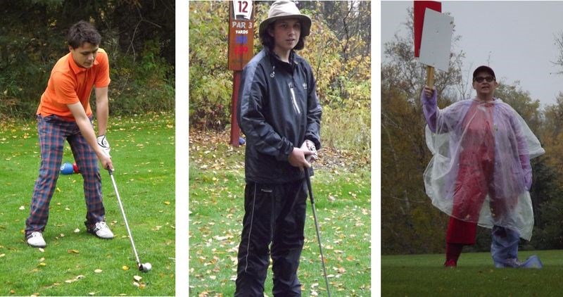 Students from across the province had to golf in the rain at Madge Lake during the provincial golf competition September 23 and 24. Among the wet participants, from left, were: Taryn Broda and Zac McGriskin golfing, and Shelley Filipchuk, one of the many volunteers, well protected under a plastic wrap.