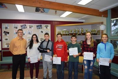 The Student of the Month Award winners for September received their certificates last week. From left, were: Kim Eiteneier (vice-principal), Felicity Mydonick, Maxwell Mydonick, Clay Sleeva, Michael Owchar, Megan Barteski and Zoe Thomas. Unavailable for the photo were Abby Gulka and Nathan Bucsis.