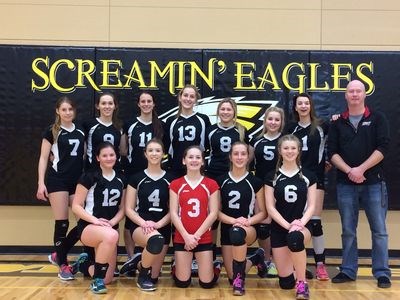 The Canora senior Cougars girls volleyball team completed its season with a third-place finish at the conference playoffs in Langenburg on November 5. Team members present at the conference, from left, were: (back row) Taralee Bazarski, Janayah Merriam, Grace Medvid, Mackenzie Gulka, Jensen Gabora, Abbey Sakal, Emma Eiteneier and Colin Knight (coach) and (front) Felicity Mydonick, Carmen Stusek, Sarah Boulanger, Jill Gulka and Kaitlyn Landstad.