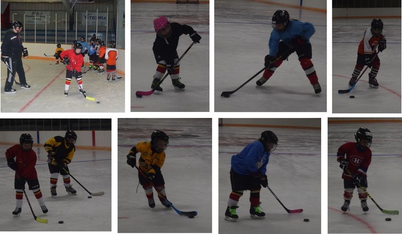 Members of the Kamsack Novice Flyers hockey team were photographed last week as they practiced for Minor Hockey Day which was held in Kamsack on Saturday when six Kamsack teams played games. At top left Jeremy Allard, their coach was instructing team members, which included (top row) Rosalyn Airriess, Cameron Allard and Zacharius Keshane, and (bottom row) Shayla Allard and Slade Shankowsky, Rhys Lawless, Shilo Blackwood-Eliuk and Seth Symak. Lawless and Symak are of IP (initiation program) age, but play with the novice team.