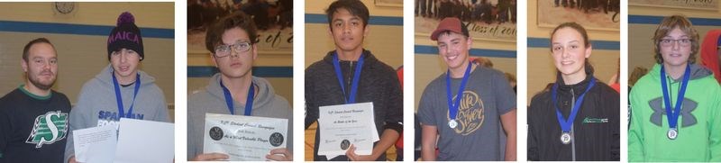 During an assembly at the Kamsack Comprehensive Institute last week, members of the school’s junior football team were introduced and Tyler Lorenzo, who with Michael Woollard coached the team, announced the names of the players singled out for special recognition. From left, are: Lorenzo with Ryan Bear, the most improved player; Josh Bielecki, the most valuable player; Josh Jaqueca, rookie of the year; Connor Bodnarek, top lineman; Sadie McGriskin, leadership, and Curtis McGriskin, leadership.