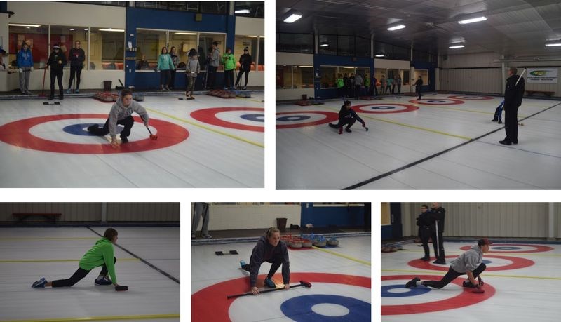 Both junior and senior students involved in curling at the Kamsack Comprehensive Institute this season met at the Broda Sportsplex rink on November 23 for their first session with Scott Tulloch, their coach. As Tulloch watched, the students practiced their slides as they would do with the rocks. From left, were: (top) Koryssa Woloshyn and Elisabeth Ashley, and (bottom) Curtis McGriskin, Chloe Irvine and Connor Bodnarek.