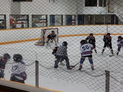 Preparing to begin a play during the Canora Atom Red Cobras game against Preeceville were Porter Wolkowski (goalie), Nate Wolos (bottom winger), Rhett Ludba (centre), Chase Fountain (top winger) and Rylan Bletsky (defense).