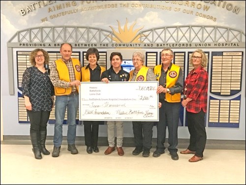 Two donations were made to Battlefords Union Hospital Foundation totalling more than $4,000. The money will go toward the foundation's capital fund and be used to purchase new surgical equipment. Above, Shauna McGifford (BUHF), Neil Gosling (Lions), Rhonda Gosling (Lions), Sean Millward (Lions), Marie Milnthorpe (Lions), Jack Milnthorpe (Lions) and Claudette McGuire (BUHF).