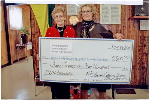 North Battleford Senior Centre Action Now president Margaret Kemp presents a cheque for $5,500 to Claudette McQuire, executive director of Battlefords Union Hospital Foundation. Photos submitted