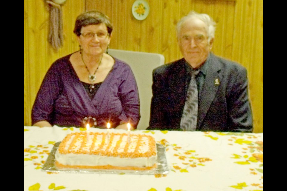 Lorraine Olinyk and Wendell Dyck, both born on New Year’s Day, were the honoured guests at the Borden seniors’ potluck and entertainment event Jan. 15. Photo submitted by Lorraine Olinyk