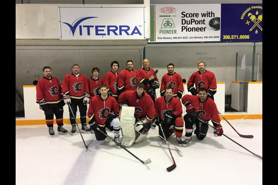 Members of Kent’s Kokanee Rangers, one of four teams playing at the Canora Flames Tournament January 20 and 21, from left, were: (back row) Tyler Ostoforoff, Stan Shymanski, Felcon Swain, Austin Gress, Kent Gress (Captain), Garnet Park, Dylan Toffan and Dallon TerMaat, and (front) Ryan Spelay, Patrick Labonte, Darren Spelay and Josh Swain.