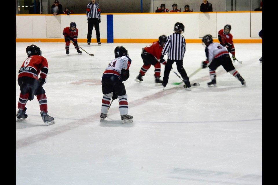 The Canora Novice Red Cobras faced off with Esterhazy Novice Flyers. On defense is Colton Bletsky, while on the front line were Kale Strelioff, Jack Korpusik and Kaelyn Shukin.