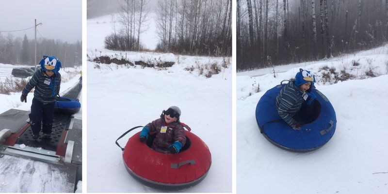 At the Duck Mountain ski hill January 29, Jordan Ramsahai of Swan River made his way up the tubing hill using the magic carpet, left. Boston Pederson of Swan River, centre, and Ramsahai had looks of delight on their faces as they spun down the hill inside an inner tube.