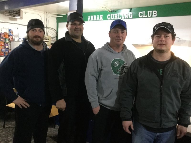 Winning the A event of the Arran Annual Open Mixed Bonspiel, held January 22 to 29, was the Derek Kruk rink of Arran. Curling with Kruk, the skip (right), from left, were: Kirk Lylyk, lead; Joe Makohoniuk, third, and Vaughn Demetrick, second.