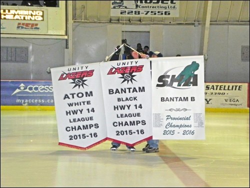 The championship teams were celebrated and recognized during the second intermission of the neutral site SJHL game hosted in Unity on Feb. 8. Photos by Sherri Solomko