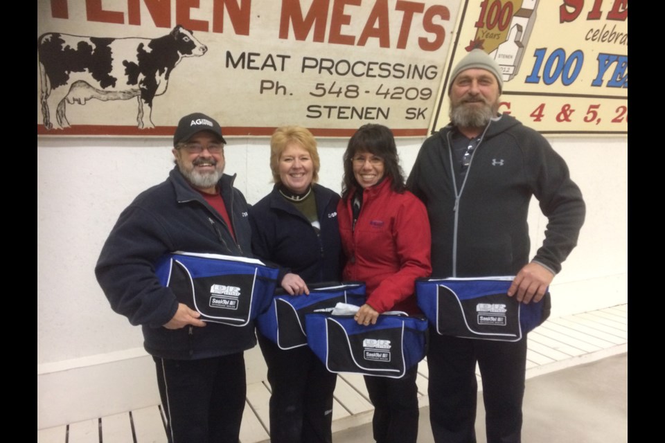 The Bob Lebo rink of Preeceville won the first event of the Stenen Annual Open Bonspiel held January 29 to February 5. On the team, from left, were: Bob Lebo, skip; Glenda Jeffries, third; Laura Pasiechnik, second, and Daryl Hanson, lead.