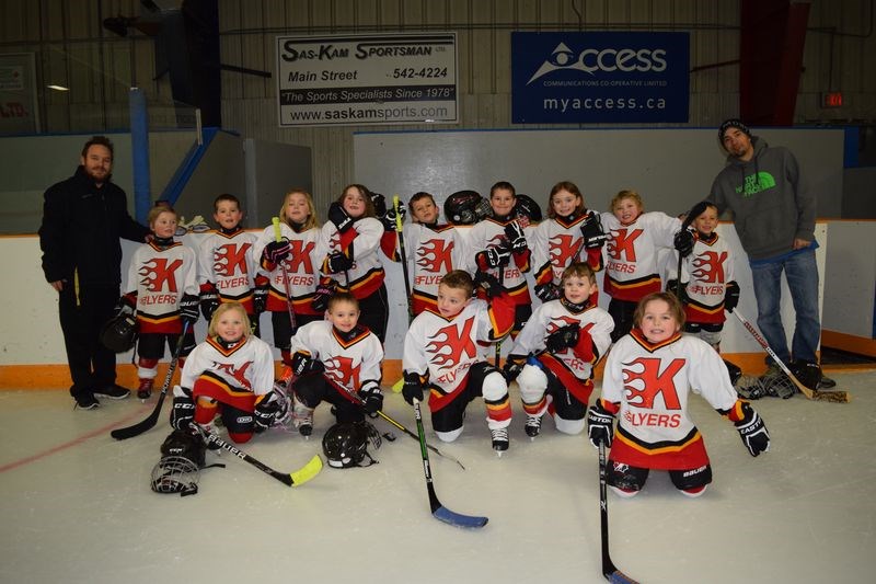 The IP Kamsack Flyers team at the Broda Sportsplex on February 8, from left were: (back row) Tyler Lorenzo (coach), Nathaniel Shabatoski, Carson Chernoff, Sophia Walter, Izobella Marsh, Seth Symak, Mason Nykolaishen, Kaley Allard, Rhys Lawless, Nixon Shabatura and Lee Symak (coach), and (front) Morgan Lawless, Colton Lorenzo, Flynn Ruf, Liam Shabatoski and Maddison Derwores.