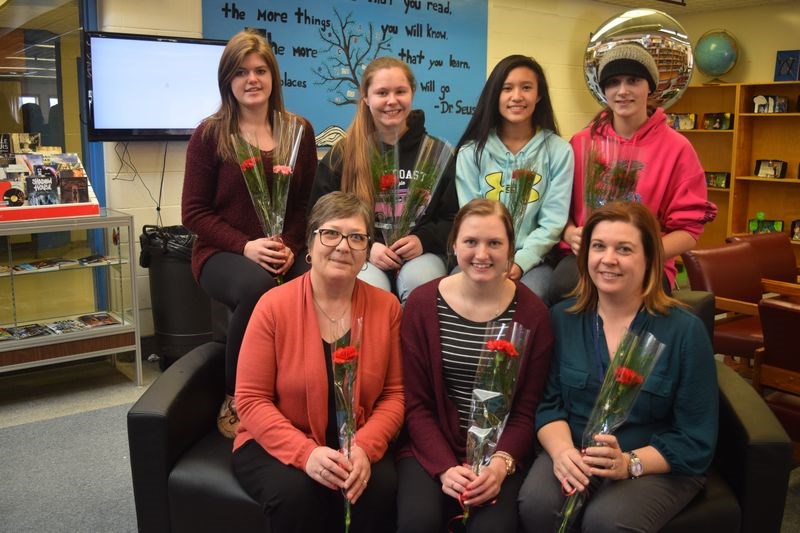 Members of the staff of the Kamsack Comprehensive Institute were made extra happy last week when the school celebrated Staff Appreciation Week and on one day, teachers were served breakfast as a “room service” and on another, each staff member was presented with a carnation in appreciation for what they do for the students. On February 15, students (standing from left) Shaelyn David, Mila Carpenter-Bloudoff, Ysabel Morenos and Sadie McGriskin, presented the flowers to (seated) staff members Barb Tetoff, Alexis Schwartz and Wendy Shabatoski.