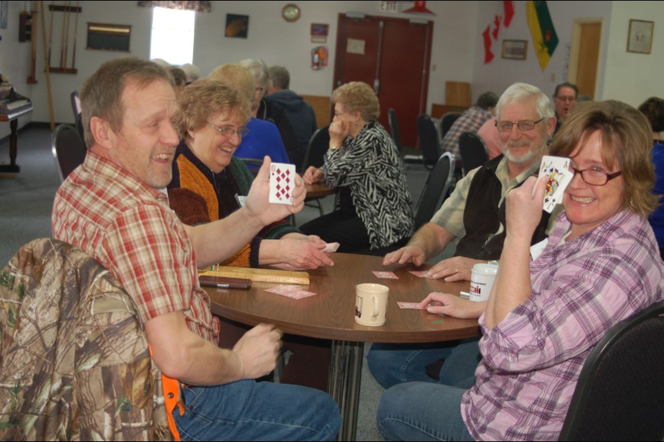 Playing in the Parkland Valley district of the Saskatchewan Senior Fitness regional cribbage games in Sturgis on Saturday, from left, were: Leon Sill, Betty Lou Skogen, Larry Skogen and Mary Sill.