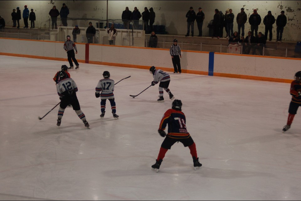 The Preeceville peewee hockey team defeated the Ochapowace team in the best of two games. Preeceville players included, from left: Seth Hort, Archer Franklin and Tate Bayer.