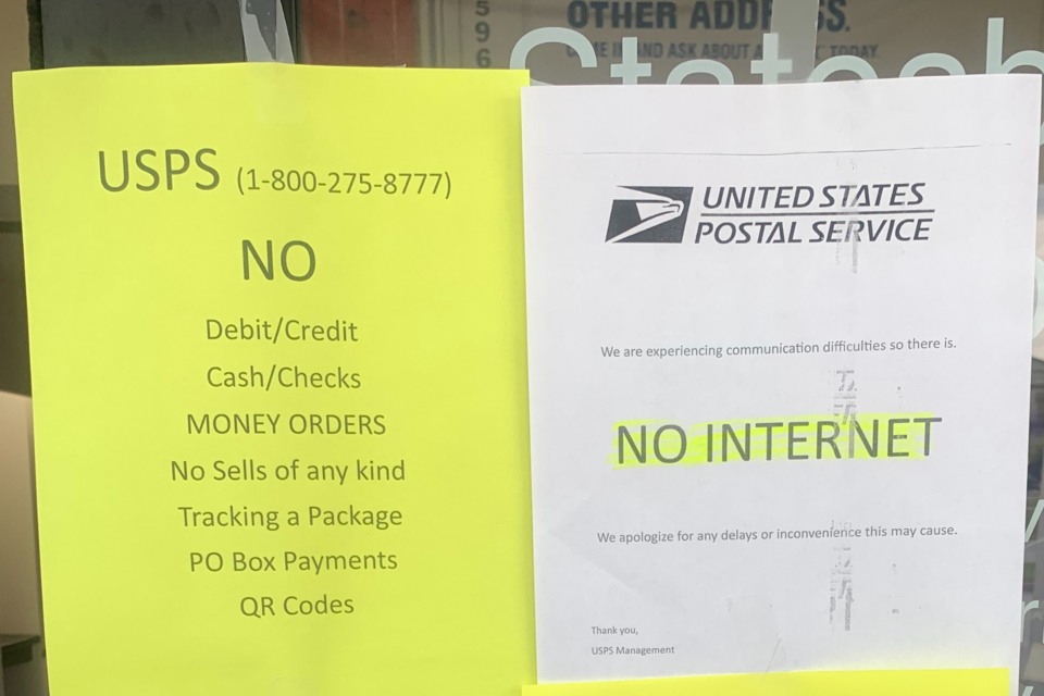 10/20/23: USPS signage states that it can only process MAIL PICKUPS today. Furthermore, NO Debit/Credit, Cash/Checks, MONEY ORDERS, No Sells of any kind, Tracking a Package, PO Box Payments, QR Codes are available at this time.