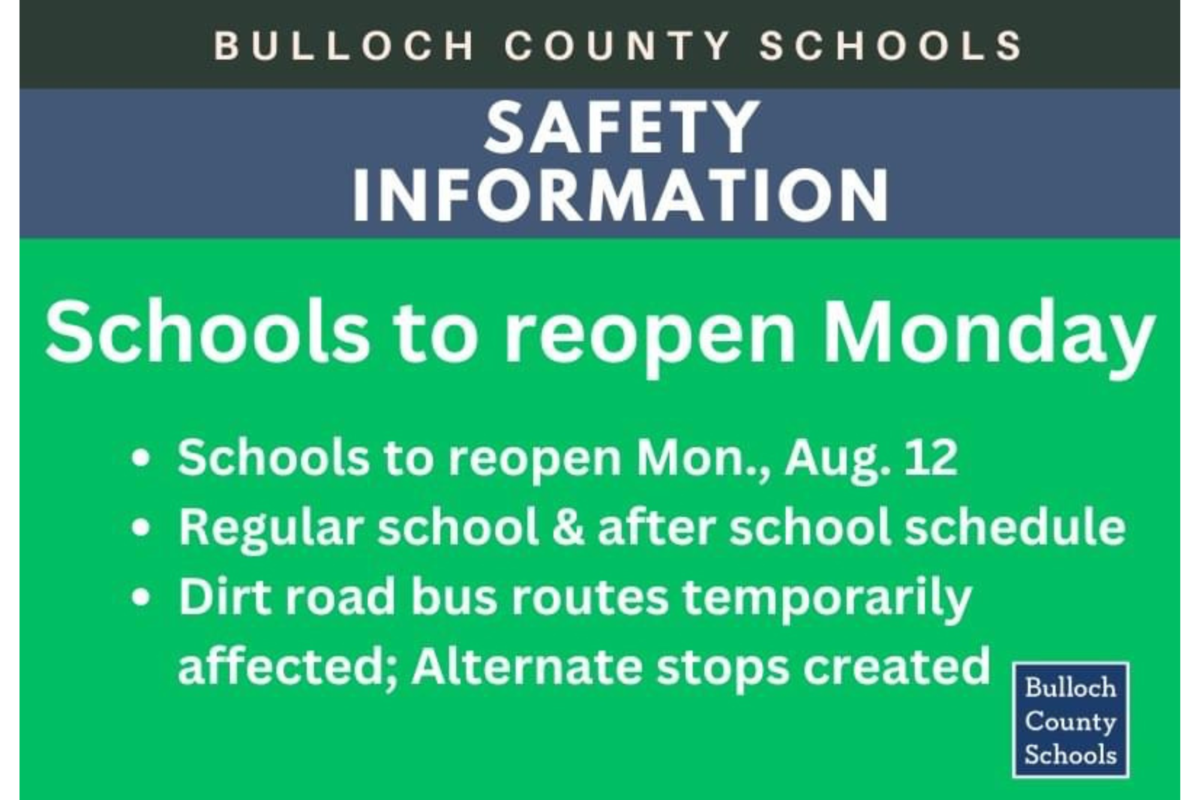 Schools in Bulloch County will reopen on Monday, August 12