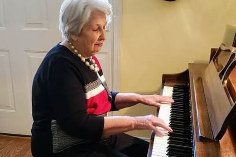 Irene Groover Hodges playing piano -75 years