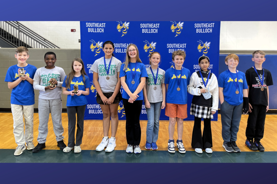 5th Grade Individual Winners (L-R): M. Cowan - First-Place Fifth Grade, Brooklet Elementary School,  G. Opoku of JPBES; K. Durach of BES; N. Munger of JPBES; C. Wolfe of BES; C. Braddock of JPBES; C. Grooms of BES; A. Rahman of SZES; B. Williams of BES; and J. Winnette of Stilson Elementary (SES).