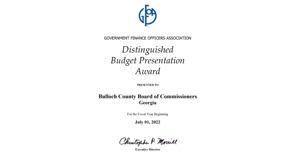 Bulloch County Receives Distinguished Budget Presentation Award Grice Connect 