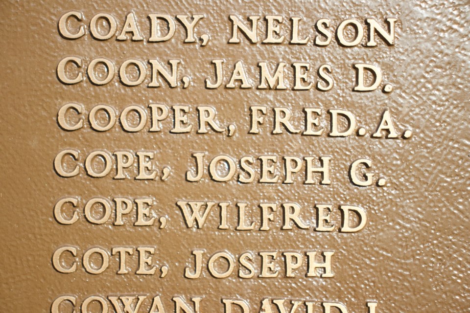 Joseph G. Cope's name on the honour roll by the cenotaph in Guelph, Joseph Cote's name is just below.