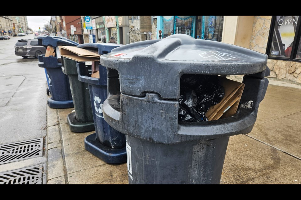 All material placed in public waste bins downtown goes to landfill, no matter which bin it's placed in.