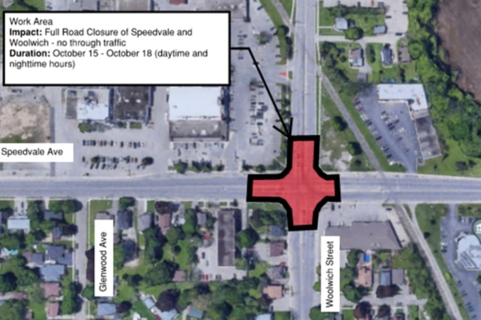 City officials will close the intersection of Speedvale Avenue and Woolwich Street between Oct. 15 and 18.