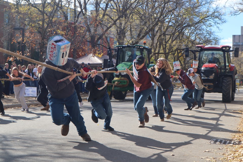 The Killer Cans team decked out in Coors Light boxes as the University of Guelph's Ontario Agricultural College put on its annual Tractor Tug for Tots event to raise money for the Children's Foundation of Guelph and Wellington on Thursday.