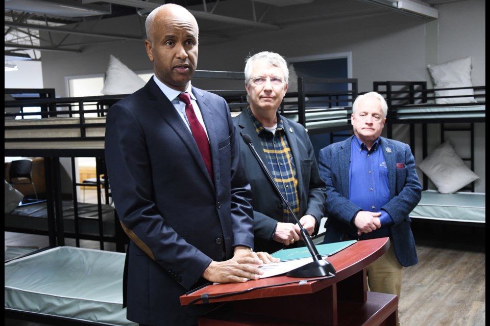 Ahmed Hussen, federal Minister of International Development, stopped by Stepping Stone on Friday to announce $2.6 million in funding for the shelter's expansion project. Seen with him here are MP Lloyd Longfield (centre) and Chris White, Wellington councillor and mayor of  Guelph-Eramosa township.