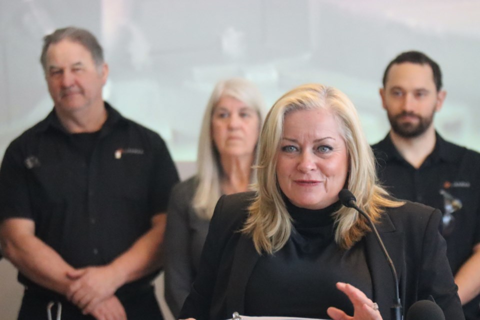 Linmar CEO Linda Hasenfratz sharing remarks during a provincial funding announcement.