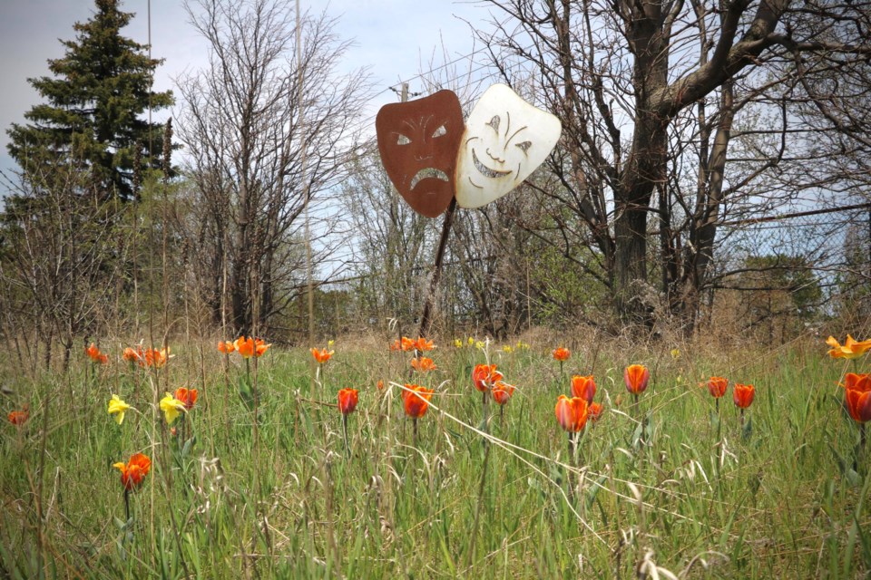 Memorial marker near the Hanlon Expressway with orange tulips growing around.