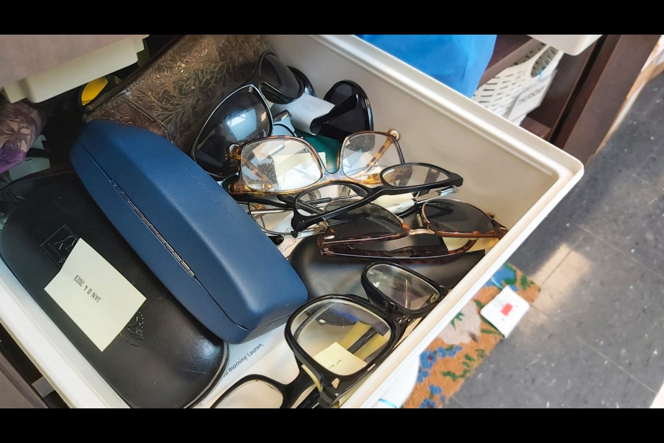 Items left on city buses are kept on shelves in the Guelph Transit office on Watson Road South.