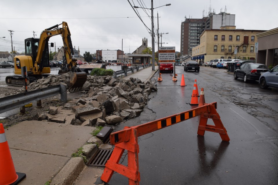 Work began Monday on new entrances to the Baker Street parking lot. Photo by Rob O'Flanagan/GuelphToday