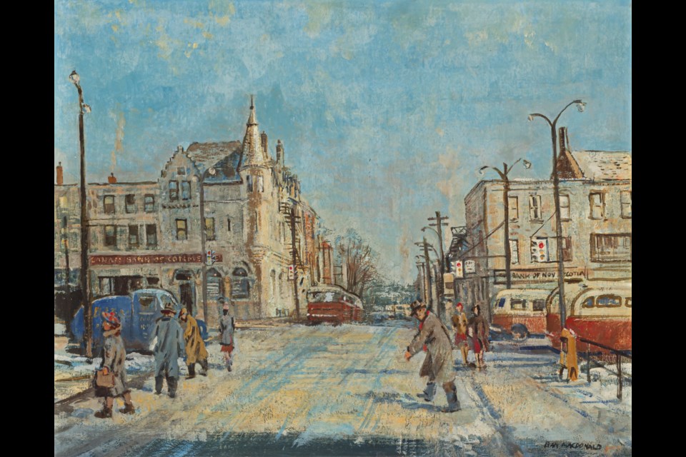 Evan Macdonald, St George's Square, Guelph, not dated, oil on board, 46.7 x 56.8 cm. 