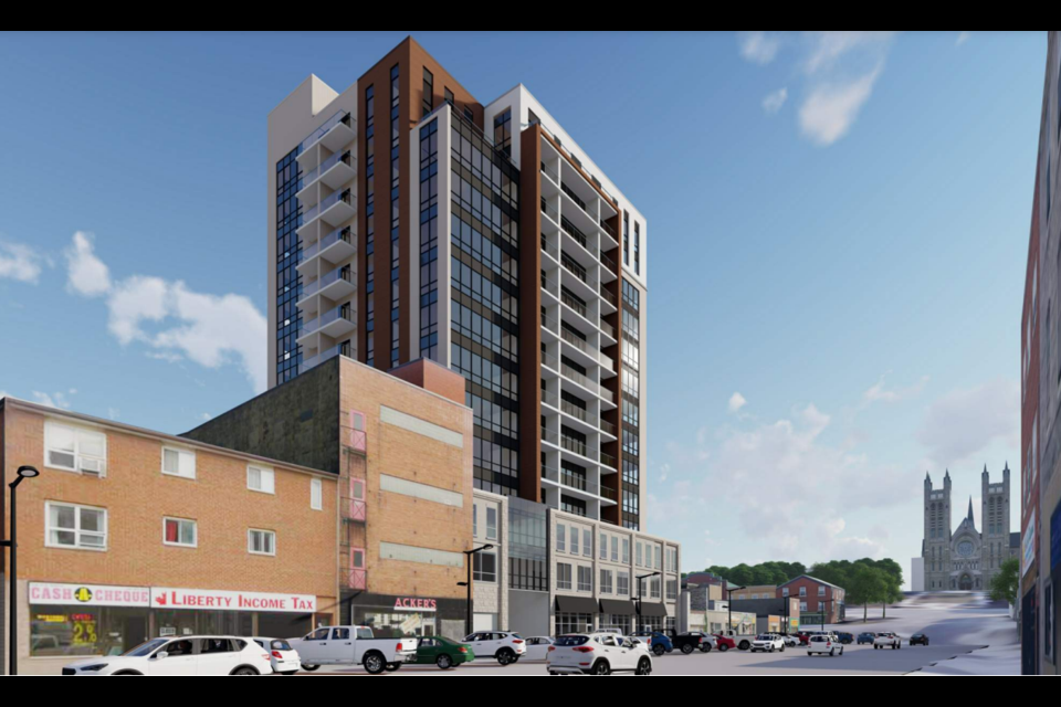 Skyline Retail Asset Management proposes to turn a two-storey building into a 14-storey building that straddles Carden and Macdonell streets.