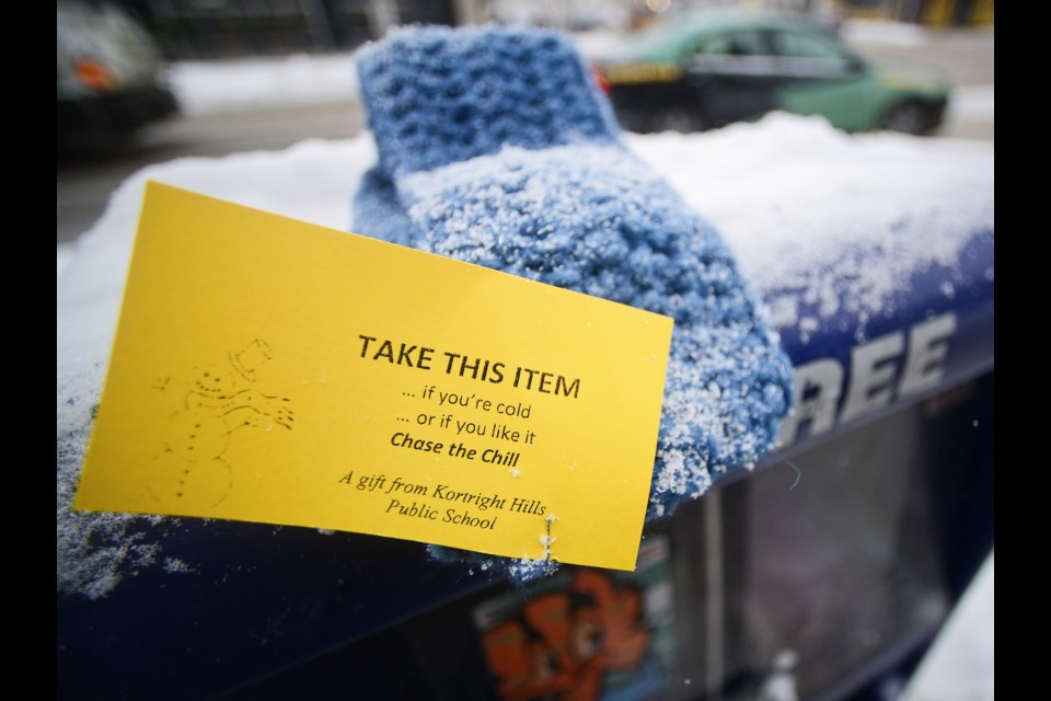 Kortright Hills Public School left hats, scarves and mittens in Downtown Guelph on Friday, Feb. 9, 2018, free for those that needed them. Tony Saxon/GuelphToday