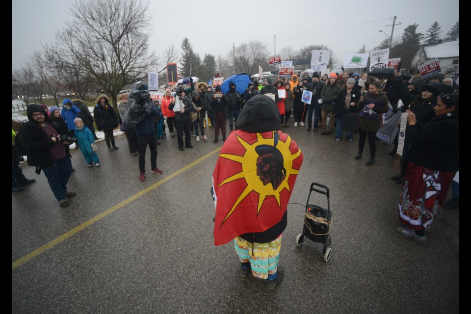 Roughly 200 people gathered at Saturday's protest in front of the Nestle Waters plant. Tony Saxon/GuelphToday