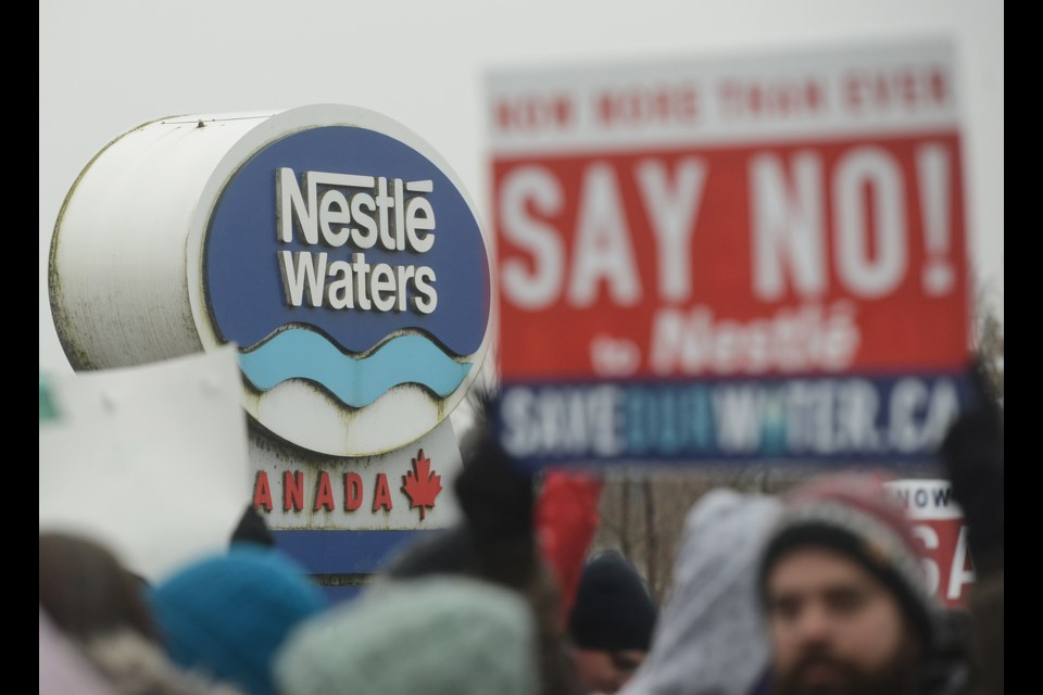 Wellington Water Watchers and Six Nations protesters gather at Nestle Waters in Aberfoyle Saturday. Tony Saxon/GuelphToday