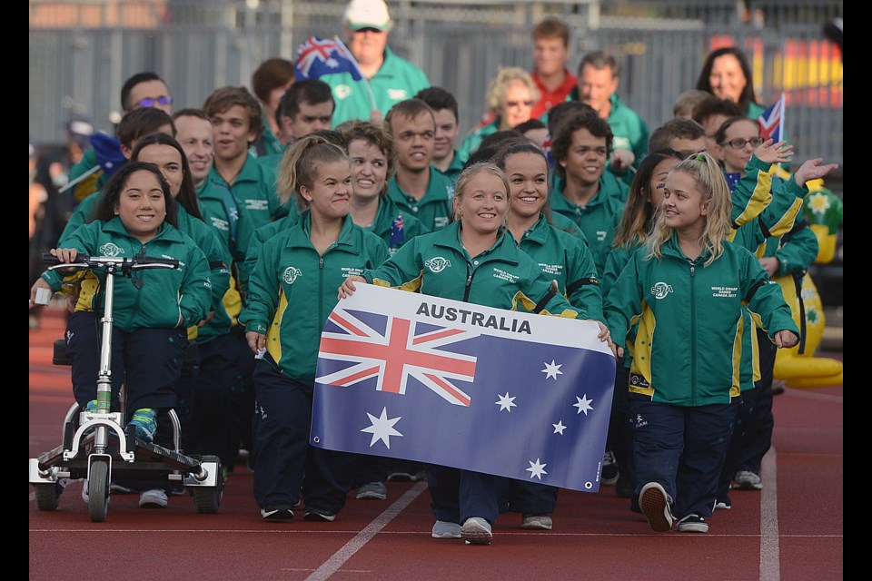 Team Australia leads the parade of athletes into Alumni Stadium for the opening ceremonies for the World Dwarf Games Friday, Aug. 4, 2017. Tony Saxon/GuelphToday