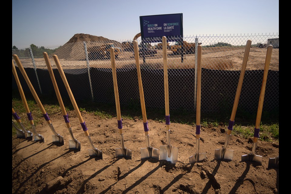 Ceremonial shovels stand at the ready at the official sod turning for the new Groves Memorial Hospital Wednesday, Aug. 9, 2017, just outside Fergus. Tony Saxon/GuelphToday