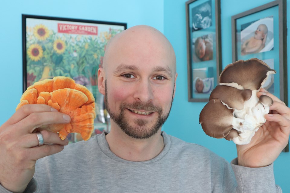 Tim Poeppel, founder of Tato's Mushrooms, holding a chicken of the woods mushroom and an Italian oyster mushroom.