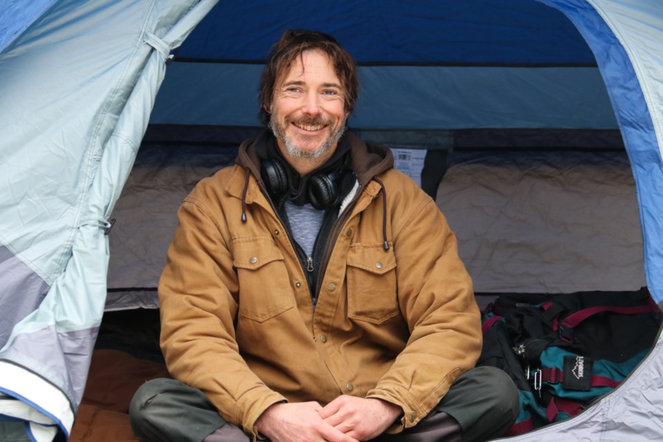 Greg Dorval is camped outside the courthouse on Woolwich in solidarity with his unhoused friends. 