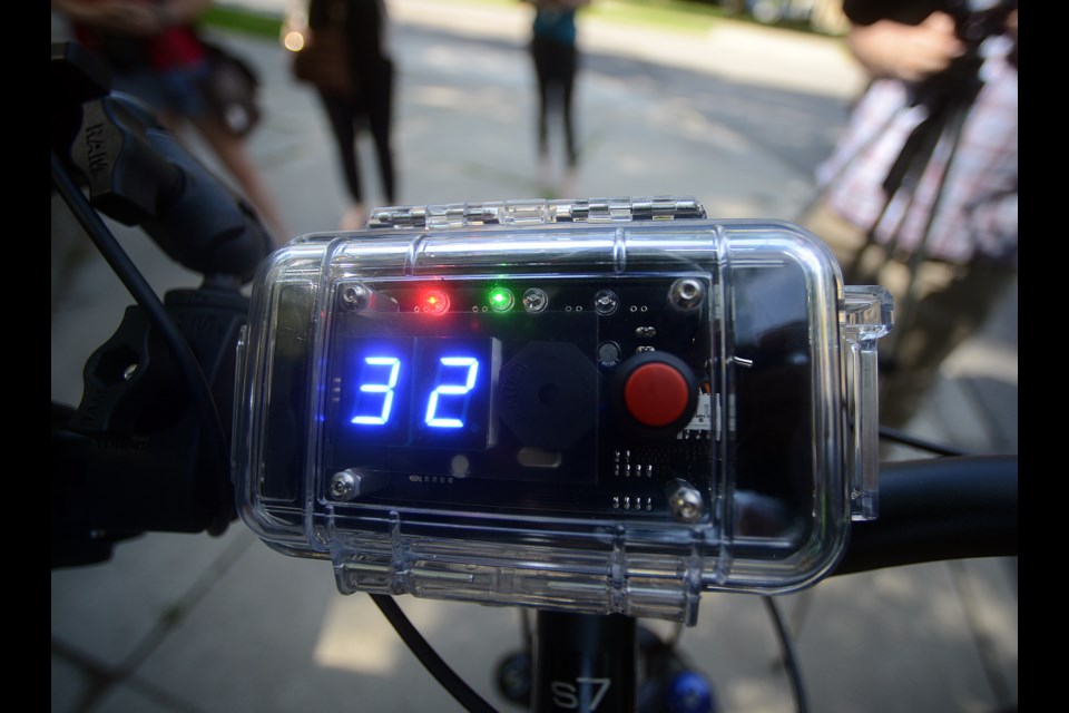 Guelph Police expect to purchase one of these sonar devices that attaches to a bicycle and measures the distance between the bike and passing vehicles. The law says vehicles must give bikes one metre of space when passing them. Tony Saxon/GuelphToday