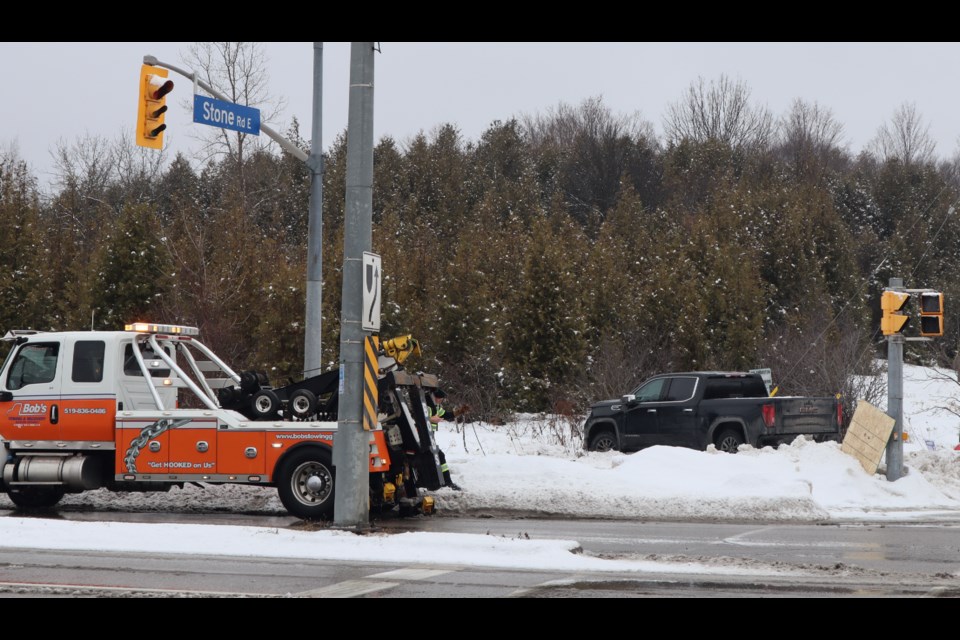 A pickup truck took out power lines at the corner of Victoria and Stone Road Thursday morning.